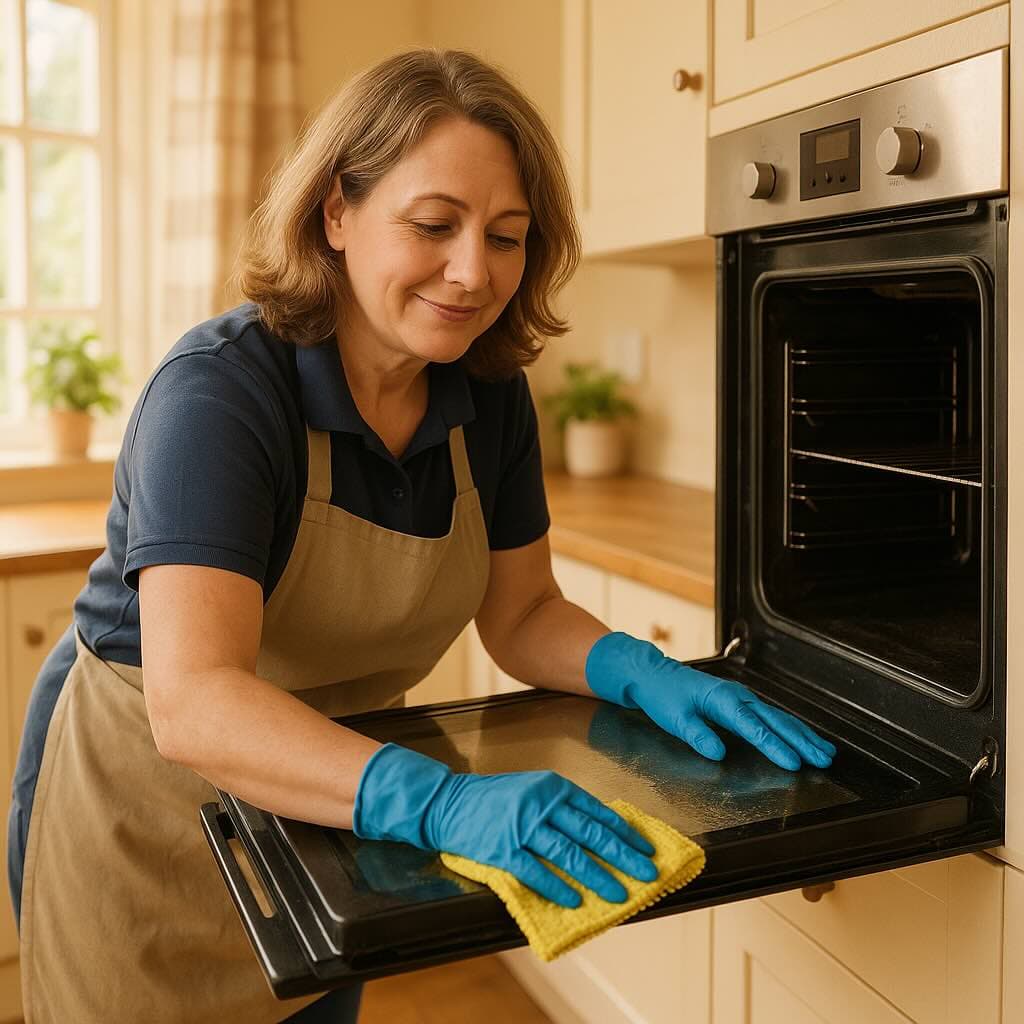 Professional oven cleaner cleaning an oven