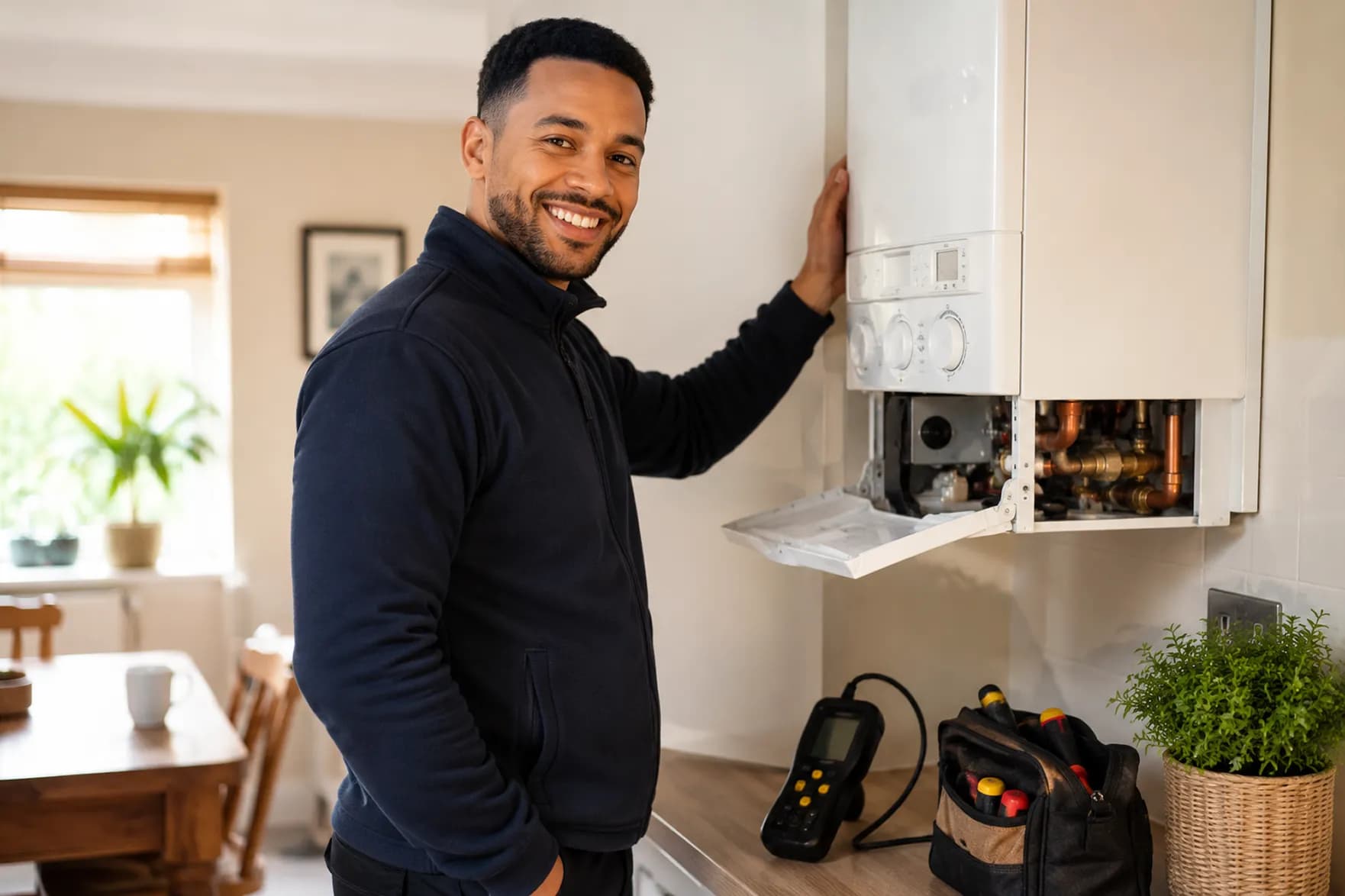 Engineer servicing a boiler
